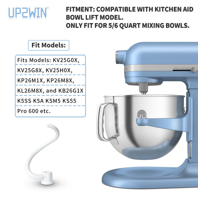 UP2WIN Spiral Dough Hook Replacement for Kitchen Aid Mixer - Coated Dough Hook for K5SS K5A KSM5 KS55 Pro 600, Dough Attachment for Kitchen aid Lift Stand Mixer, Work with kitchen Aid 5 qt / 6 qt Lift - Image 2